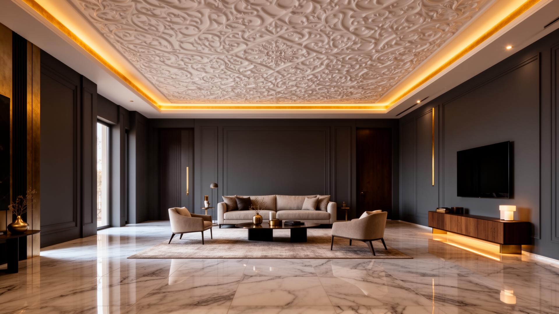 Luxury living room with gypsum ceiling